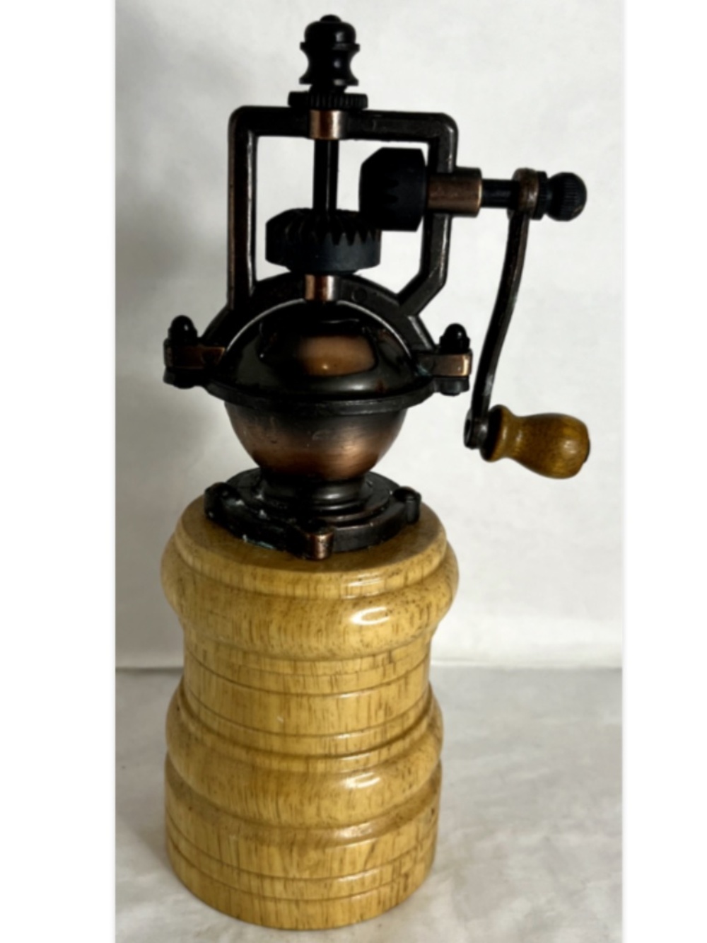 Vintage 8" Old Fashion Hand Crank Copper & Wood Pepper Mill Spice Grinder
